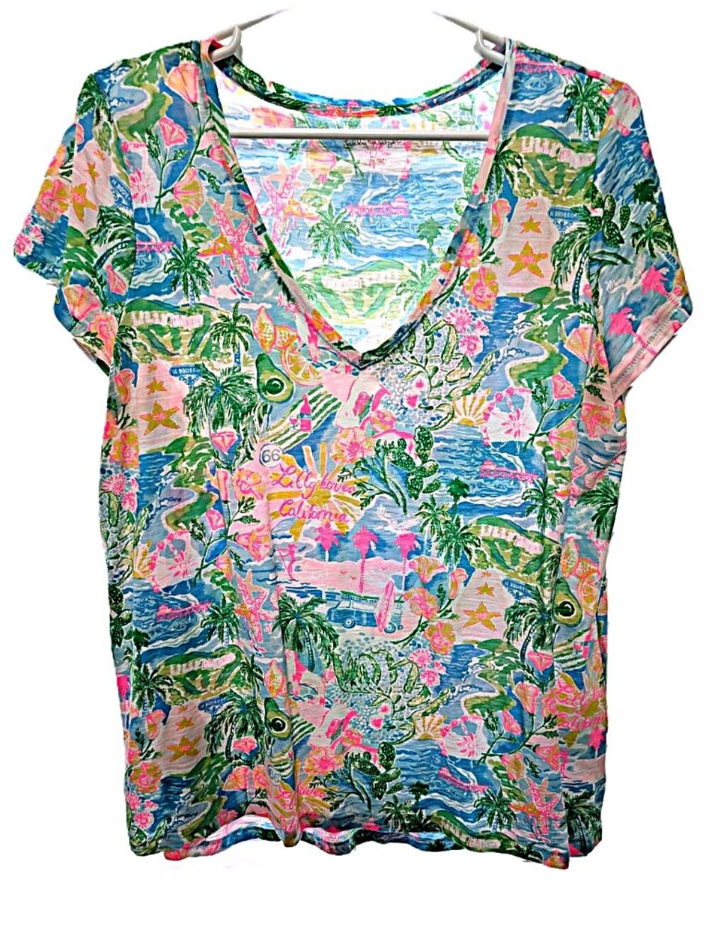 Lilly Pulitzer Etta V-Neck Top Cotton Multi Lilly Loves California Sz L